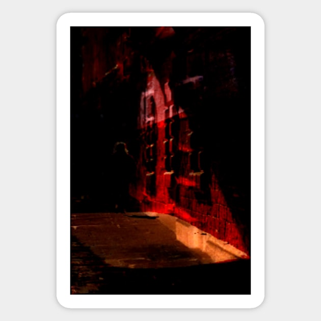 Special processing. Person walking at night, on dark street, with stone walls. Bright Red. Sticker by 234TeeUser234